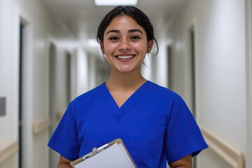 Smiling healthcare professional in blue scrubs holding clipboard