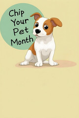 A cartoon puppy sits beside "Chip Your Pet Month" text, promoting pet microchipping in a cute, friendly style on a soft background