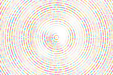 Yellow, pink, aqua colorful halftone festival background. Radial halftone gradient background. Fading effect polka dot multicolor background for fabric, banner, poster, web, wallpaper and more.