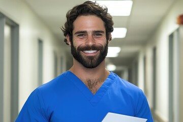 Smiling healthcare professional in scrubs holds paperwork in hos