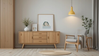 A beautifully arranged living space showcases natural wood furniture and soft lighting. The serene atmosphere incorporates plants and art, creating a harmonious setting for relaxation