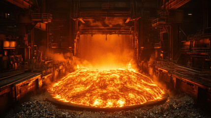 A massive steelworks factory with molten metal pouring from industrial furnaces