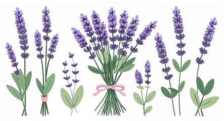 Set bundle of lavender sprigs minimalist childish style illustration on plain white background