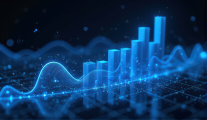 glowing blue 3D bar graph and line chart on digital grid background represent data analysis and futuristic technology
