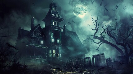 Eerie Haunted House Horror Scene Background with Spooky Atmosphere, Creepy Victorian Mansion, Ghostly Shadows, and Halloween Decoration for Dark Fantasy Design