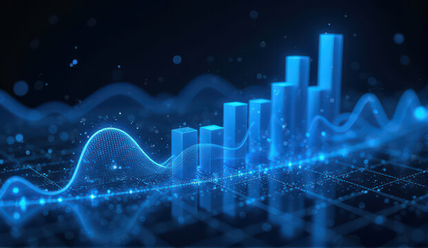glowing blue 3D bar graph and line chart on digital grid background represent data analysis and futuristic technology - Powered by Adobe