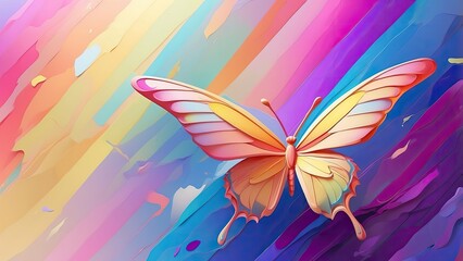 A vibrant butterfly with intricately detailed wings featuring a spectrum of colors including re