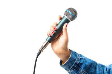 Woman's hand holding a microphone isolated on white background.