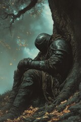 Fototapeta premium A solitary armored knight resting against a weathered tree in nature