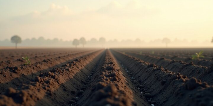 A sunlit field at dawn, newly tilled rows of dark earth, small sprouts emerging, a hazy distant horizon, promising abundant harvest
