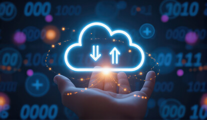 hand holds glowing cloud icon with arrows, symbolizing cloud computing and data transfer. background features digital numbers and symbols, representing technology and connectivity