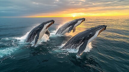 Fototapeta premium Majestic Whales Leap in Ocean Sunset