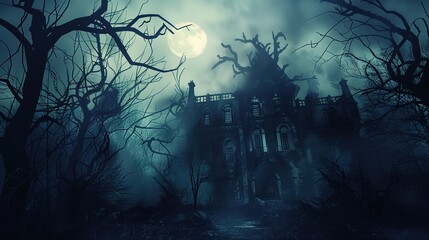 Fototapeta premium Eerie Haunted House Horror Scene Background with Spooky Atmosphere, Creepy Victorian Mansion, Ghostly Shadows, and Halloween Decoration for Dark Fantasy Design