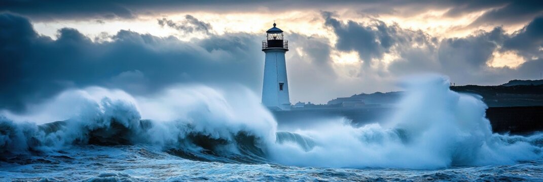 Lonely lighthouse standing tall against crashing ocean waves