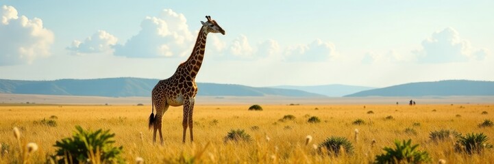 Obraz premium Tall neck stretched high above savannah grass, giraffe, scenery, vast