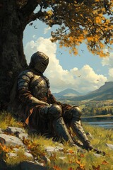 A weary knight rests beneath the branches of a large tree