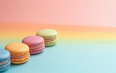 Obraz premium Macarons in assorted colors on a pastel rainbow 3D background minimalistic mockup with space for text