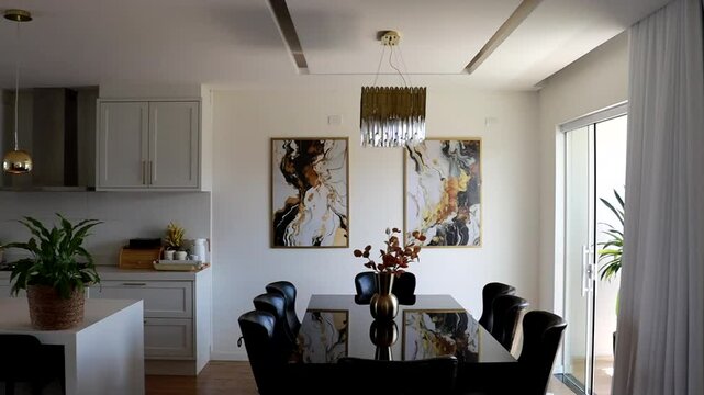 interior de casa de luxo com mesa preta e cozinha branca provensal com ilha de quartza 