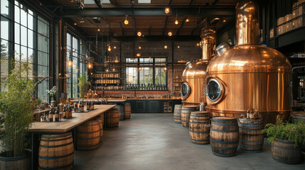Naklejka premium A state-of-the-art craft beer brewery interior with copper tanks and wooden barrels