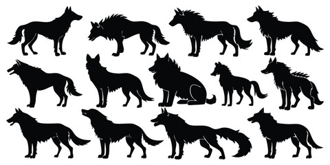 Set of Wolve black silhouettes vector