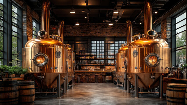 A state-of-the-art craft beer brewery interior with copper tanks and wooden barrels - Powered by Adobe