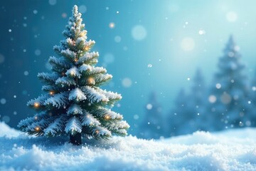 Fototapeta premium Watercolour wash of a Christmas tree against a blue background, Soft Focus, Frosty Mornings