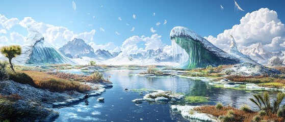 Precision rendered scenes of evolutionary systems microscopic organisms adapting different environments such ice hot geyser pools displaying brilliant environmental diversity in a scientific interface