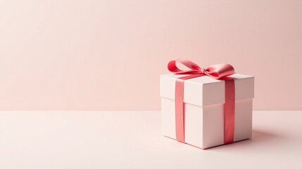 Fototapeta premium A delicately wrapped gift box with a pastel pink ribbon, signifying a thoughtful present or celebratory occasion.