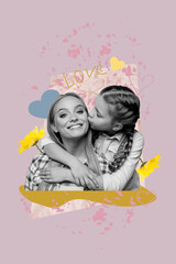 Poster image vertical photo collage of two happy girls kiss daughter mother love feelings chrysanthemum flowers heart spring