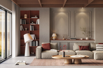 A stylish living room interior featuring modern designer furniture and elegant accessories, rendered in 3D	