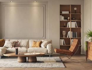 A stylish living room interior featuring modern designer furniture and elegant accessories, rendered in 3D  © Василь Чейпеш