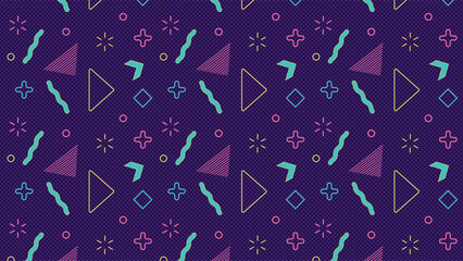 High-resolution neon geometric pattern with retro 80s Memphis design, featuring abstract shapes, vibrant colors, and seamless texture. Perfect for wallpapers, posters, and graphics.