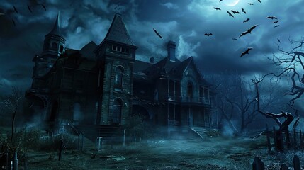 Eerie Haunted House Horror Scene Background with Spooky Atmosphere, Creepy Victorian Mansion, Ghostly Shadows, and Halloween Decoration for Dark Fantasy Design