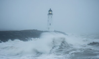 White Lighthouse Bathed in Mist with Crashing Waves During Storm