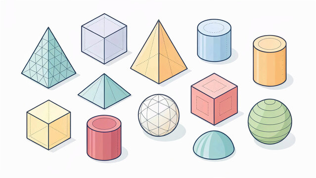 Isometric shapes. 3D geometric form, flat geometry polygon objects such as prism pyramid cylinder sphere. Vector isometric set