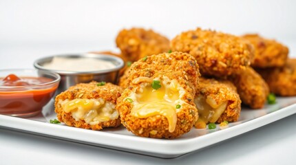 Crispy fried mac and cheese bites with melted cheese filling, served with dipping sauces