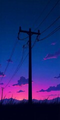A power line pole with cables against a vibrant sunset sky with pink and purple hues, and scattered clouds
