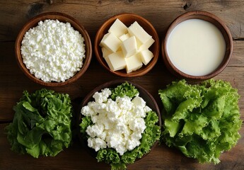 Fototapeta premium Fresh Dairy and Green Vegetables Arrangement in Wooden Bowls on Rustic Table, Highlighting Healthy Ingredients for Nutritious Recipes and Meals