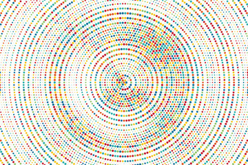 Green, red, crimson, yellow colorful halftone festival background. Radial halftone gradient background. Fading effect polka dot multicolor background for fabric, banner, poster, wallpaper and more.