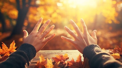 Woman's hands reaching up in autumn sunlight.