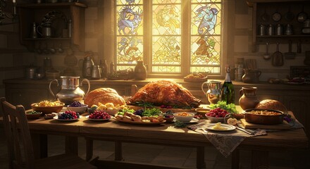 Lavish feast is displayed on a long wooden table