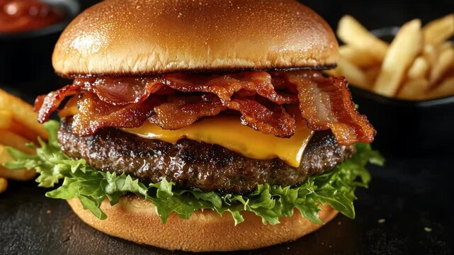 A bacon cheeseburger with lettuce and tomato on a bun. The burger is topped with bacon and cheese. A side of fries is also present