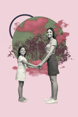 Poster image vertical photo collage of two happy sisters girls hold hands mother day spring event celebration flower bloom park