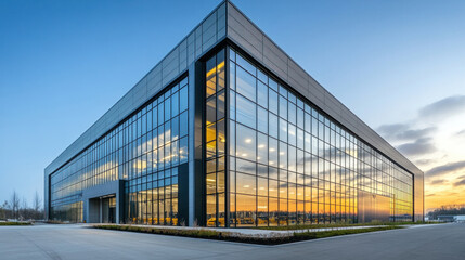 Obraz premium Exterior of a luxury car production plant, featuring modern glass architecture and high-tech assembly lines
