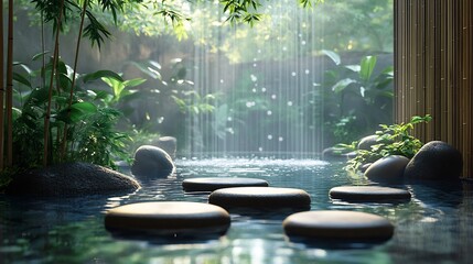 Serene Zen Garden: Tranquil Waterfall and Stepping Stones
