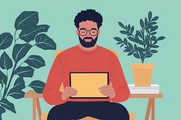 Man Sitting in Chair with Tablet Surrounded by Plants in a Relaxed Indoor Setting