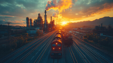 Heavy industrial area with steel mills, chemical plants, and a bustling railway system transporting raw materials
