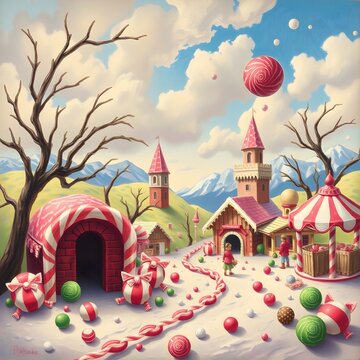 a fairytale village with candy-shaped balls