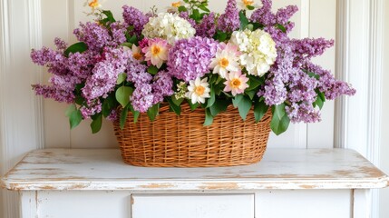 Old wooden table with peeling paint features a vibrant basket of fresh flowers in a cozy indoor setting