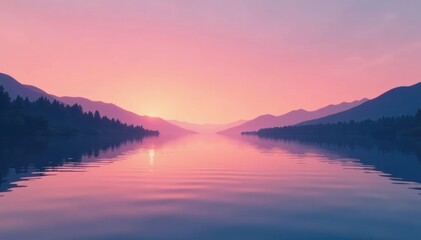Calming lake scene with a smooth gradient of pink to orange hues, natural, lake